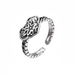 Antique Silver Heart with Flower Alloy Open Cuff Ring for Women, Cadmium Free & Lead Free, Antique Silver, US Size 5 1/2(16.1mm)