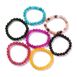 Mixed Color Dyed Natural Jade Beads Stretch Bracelets, Round, Mixed Color, Inner Diameter: 2-1/4 inch(5.7cm), Bead: 8~8.5mm