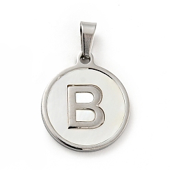 Letter B 304 Stainless Steel with White Shell Pendants, Stainless Steel Color, Flat Round with Letter Charm, Letter.B, 18x16x1.5mm, Hole: 3x6mm