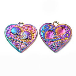 Rainbow Color 304 Stainless Steel Pendants, Textured, Heart with Skull Charm, Rainbow Color, 20x20.5x2mm, Hole: 2.5mm