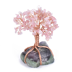 Rose Quartz Natural Rose Quartz Chips and Fluorite Pedestal Display Decorations, with Rose Gold Tone Aluminum Wires, Lucky Tree, 120~150x65~80x52~72mm