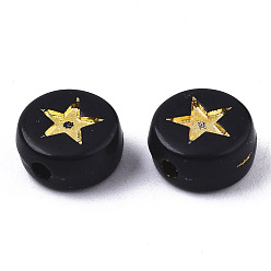 Golden Plated Opaque Acrylic Beads, Flat Round with Star, Black, Golden Plated, 7x4mm, Hole: 1.5mm, about 3600pcs/500g
