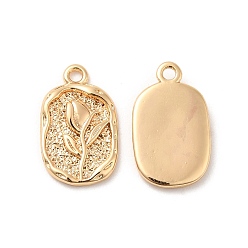 Real 18K Gold Plated Brass Charms, Oval with Flower Charm, Real 18K Gold Plated, 14.5x9x1.5mm, Hole: 1.2mm