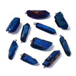 Medium Blue Vacuum Plating Natural Quartz Crystal Pendants, with Brass Loop, Strip Shape, Medium Blue, 24~36x7~16x6~11mm, Hole: 1.8mm