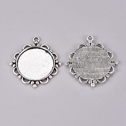 Antique Silver Tibetan Style Zinc Alloy Pendant Cabochon Settings, Flat Round, Cadmium Free & Lead Free, Antique Silver, Tray: 30mm, 48x43x3mm, Hole: 3mm