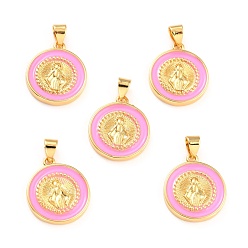 Pink Brass Enamel Pendants, Cadmium Free & Lead Free, Long-Lasting Plated, Flat Round with Virgin Mary, Real 18K Gold Plated, Pink, 18x16x2.5mm, Hole: 4.5x3.5mm