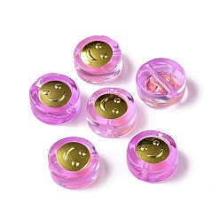 Medium Orchid Transparent Spray Painted Glass Beads, with Golden Brass Findings, Flat Round with Smile, Medium Orchid, 11.5x4mm, Hole: 1.2mm