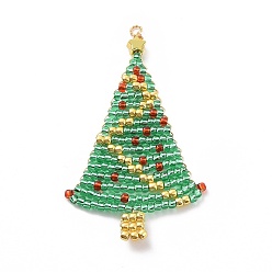 Medium Sea Green Handmade TOHO Japanese Loom Pattern Seed Beads, with Golden Brass Wire Wrapped Findings, Christmas Tree Pendants, Medium Sea Green, 54x31x2~2.5mm, Hole: 1.8mm
