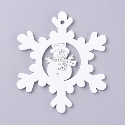 White Natural Poplar Wood Big Pendants, Spray Painted, for Christmas, Snowflake with Snowman, White, 69.5x60.5x2.5mm, Hole: 2.5mm