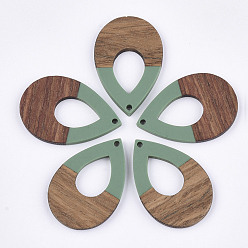 Verdemar Medio Colgantes de resina y madera de nogal, lágrima, verde mar medio, 38x25.5x3 mm, agujero: 2 mm