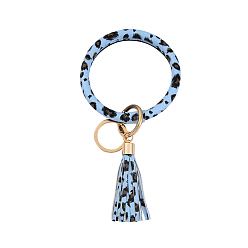 Acero Azul Claro Llaveros de brazalete de cuero imitaition pu con patrón de estampado de leopardo, llavero de pulsera con borla y anillo de aleación, azul acero claro, 200x100 mm