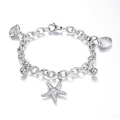 Stainless Steel Color 304 Stainless Steel Charm Bracelets, Starfish/Sea Stars & Shell, Stainless Steel Color, 7-1/2 inch(190mm)x6mm