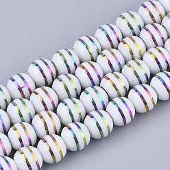 Colorido Abalorios de vidrio electrochapa, redondo con raya, colorido, 8x7.5 mm, agujero: 1.2 mm, sobre 40 unidades / cadena, 11.8 pulgada