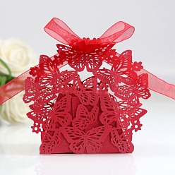 Rouge Foncé Boîtes en carton de bonbons de mariage pliantes créatives, petits coffrets cadeaux en papier, papillon creux avec ruban, rouge foncé, pli: 6.3x4x4 cm