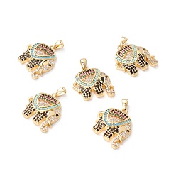 Real 18K Gold Plated Brass Micro Pave Colorful Cubic Zirconia Pendants, Long-Lasting Plated, Lead Free & Cadmium Free & Nickel Free, Elephant, Real 18K Gold Plated, 19x17.5x4.5mm, Hole: 2.5x4mm