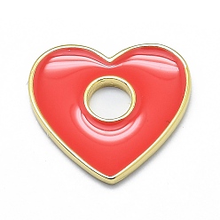Rouge Laiton émail pendentifs, réel 18 k plaqué or, plaqué longue durée, cœur, rouge, 15x16x1.5mm, Trou: 4mm