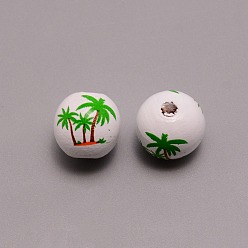 White Spray Painted Natural Wood Beads, Round with Green Coconut Tree Pattem, White, 15.5mm, Hole: 3.5mm