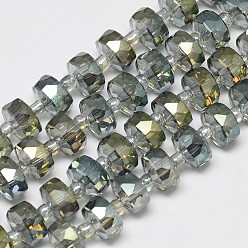 Olive Electroplate Glass Beads Strands, Rainbow Plated, Faceted, Flat Round, Olive, 7~8x5mm, Hole: 1mm, about 80pcs/strand, 21.26 inch