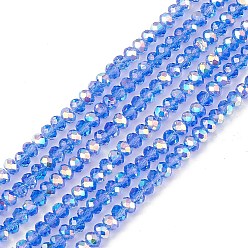 Azul Transparentes cuentas de vidrio electroplate hebras, facetados, Rondana plana, color de ab chapado, azul, 4~4.5x3~3.5 mm, agujero: 0.8 mm, sobre 150~152 unidades / cadena, 17.91~19.69 pulgada (45.5~50 cm)