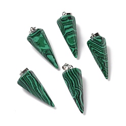 Malachite Synthetic Malachite Pendants, with Platinum Plated Brass Findings, Faceted, Cone, 35~36x13~14x12~12.5mm, Hole: 2.7x6.5mm