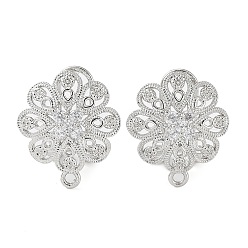 Platinum Flower Brass Micro Pave Cubic Zirconia Stud Earrings Finding, with Horizontal Loops, Cadmium Free & Lead Free, Platinum, 18x16mm, Hole: 1.2mm, Pin: 0.8mm
