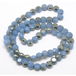 Light Blue Electroplate Glass Beads Strands, Half Plated, Imitation Jade, Faceted Flat Round, Light Blue, about 6mm in diameter, 4mmm thick, hole: 1mm