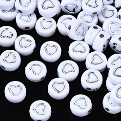 White Opaque White Acrylic Beads, Flat Round with Silver Heart, White, 7x3.5mm, Hole: 1.5mm, about 3600~3700pcs/500g