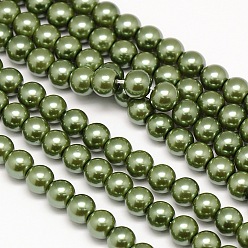 Темно-оливково-зеленый Круглые бусины из экологически чистого окрашенного стекла с жемчугом, класс А, хлопковый шнур , темно-оливковый зеленый, 10 мм, отверстие : 0.7~1.1 мм, около 42 шт / нитка, 15 дюйм