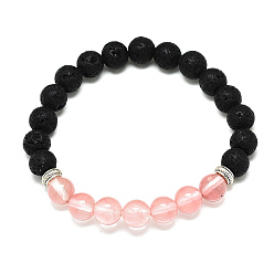 Cherry Quartz Glass Cherry Quartz Glass Beads Stretch Bracelets, with Synthetic Lava Rock Beads and Alloy Beads, Round, Inner Diameter: 2-1/8 inch(5.5cm), Beads: 8.5mm