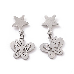 Stainless Steel Color 304 Stainless Steel Butterfly with Star Dangle Stud Earrings for Women, Stainless Steel Color, 22.5mm, Pin: 0.8mm