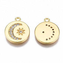 Real 18K Gold Plated Brass Micro Pave Clear Cubic Zirconia Charms, Nickel Free, Flat Round with Moon & Sun, Real 18K Gold Plated, 14x12x1.5mm, Hole: 1.4mm