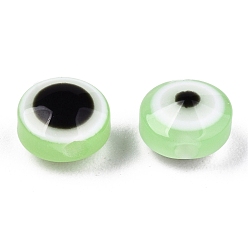 Light Green Resin Beads, Flat Round, Evil Eye, Light Green, 6x4mm, Hole: 1.5mm