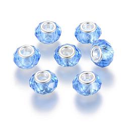 Azul Granos europeos cristal hechos a mano, abalorios de grande agujero, núcleo de latón en color plata, azul, 14x8 mm, agujero: 5 mm