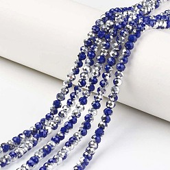 Royal Blue Electroplate Opaque Glass Beads Strands, Half Silver Plated, Faceted, Rondelle, Royal Blue, 3.5x3mm, Hole: 0.4mm, about 123~127pcs/strand, 13.7~14.1 inch(35~36cm)