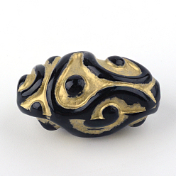 Black Oval Plating Acrylic Beads, Golden Metal Enlaced, Black, 33.5x20.5x20.5mm, Hole: 3.5mm, about 73pcs/500g