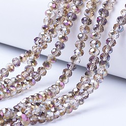 Rose Gold Plated Electroplate Transparent Glass Beads Strands, Half Plated, Faceted, Rondelle, Rose Gold Plated, 3x2mm, Hole: 0.8mm, about 150~155pcs/strand, 15~16 inch(38~40cm)