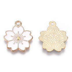 White Alloy Enamel Pendants, Sakura Flower, Light Gold, White, 20.5x17.5x1.5mm, Hole: 2mm