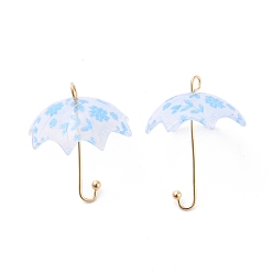 Dodger Blue Acrylic Pendants, with Golden Plated Alloy Findings, 3D Umbrella with Flower Pattern, Dodger Blue, 23x18x18mm, Hole: 1.6mm
