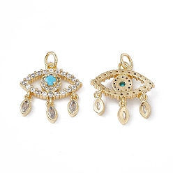 Real 18K Gold Plated Brass Clear & Cyan Cubic Zirconia Pendants, with Jump Ring, Eye Charms, Real 18K Gold Plated, 19x17x3.5mm, Hole: 3mm