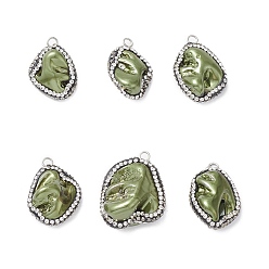 Olive Drab Natural Freshwater Shell Pendants, Nuggets Charms, with Polymer Clay Rhinestone and Platinum Plated Brass Loops, Olive Drab, 24~29x15.5~23.5x11~14mm, Hole: 1.8~2.5mm