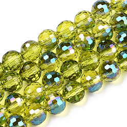 Yellow Green Transparent Electroplate Glass Bead Strands, AB Color Plated, Faceted(96 Facets), Round, Yellow Green, 8mm, Hole: 1.4mm, about 70pcs/strand, 19.88 inch~20.67 inch(50.5~52.5cm)