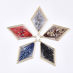 Mixed Color Polyester Thread Woven Big Pendants, with Glass and Golden Plated Alloy Findings, Long-Lasting Plated, Rhombus, Mixed Color, 55.5x31x4mm, Hole: 1.8mm
