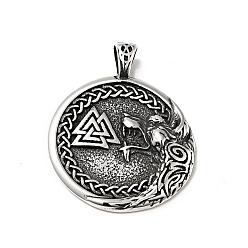 Antique Silver 304 Stainless Steel Manual Polishing Pendants, Flat Round with Valknut Pattern Charms, Antique Silver, 48x39x8mm, Hole: 5x7.5mm