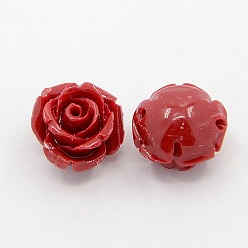 Brique Rouge Corail synthétique 3 d fleur rose perles, teint, firebrick, 14~15x9mm, Trou: 1.5mm