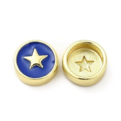 Blue Brass Enamel Beads, Flat Round with Star, Golden, Blue, 10.8x4.6mm, Hole: 2mm