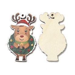 Colorful Single Face Christmas Printed Wood Big Pendants, Christmas Elk Charms, Colorful, 55x32x2.5mm, Hole: 2mm