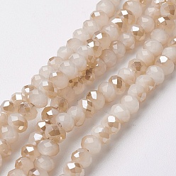 PeachPuff Electroplate Glass Beads Strands, Half Rainbow Plated, Faceted, Rondelle, PeachPuff, 4~4.5x3mm, Hole: 0.5mm, about 130~135pcs/strand, 15.5~16 inch(39~40cm)