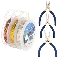 Mixed Color DIY Wire Wrapped Jewelry Making Kits, Including Copper Wire, Iron Side Cutting Pliers & Chain Nose Pliers & Round Nose Pliers, Mixed Color, Copper Wire: 24 Gauge, 0.5mm thick, about 30m/roll, 3rolls/set