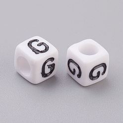 Letter G Perles de lettre de trou horizontal acrylique, cube, blanc, lettre g, taille:  Largeur environ 6mm, Longueur 6mm, hauteur de 6 mm , trou: environ 3.2 mm, environ2600 pcs / 500 g