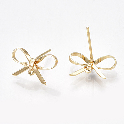 Real 18K Gold Plated Brass Stud Earring Findings, with Loop, Bowknot, Nickel Free, Real 18K Gold Plated, 8~10x15mm, Hole: 1mm, Pin: 0.7mm